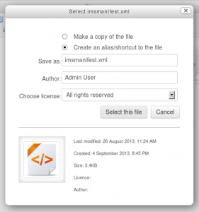 File picker selecting imsmanifest file